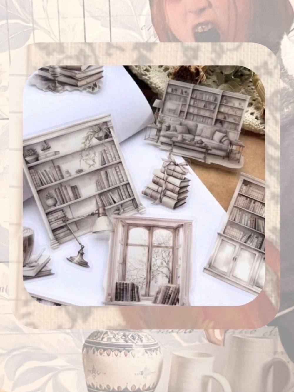 🎉🎉Reading Corner vintage victorian book, library, furniture sticker pack